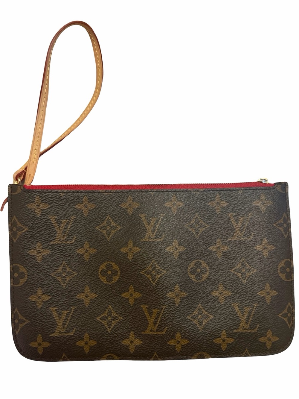Authentic Louis Vuitton Neverfull Pouchett Monogram Canvas Wristlet Red Trim